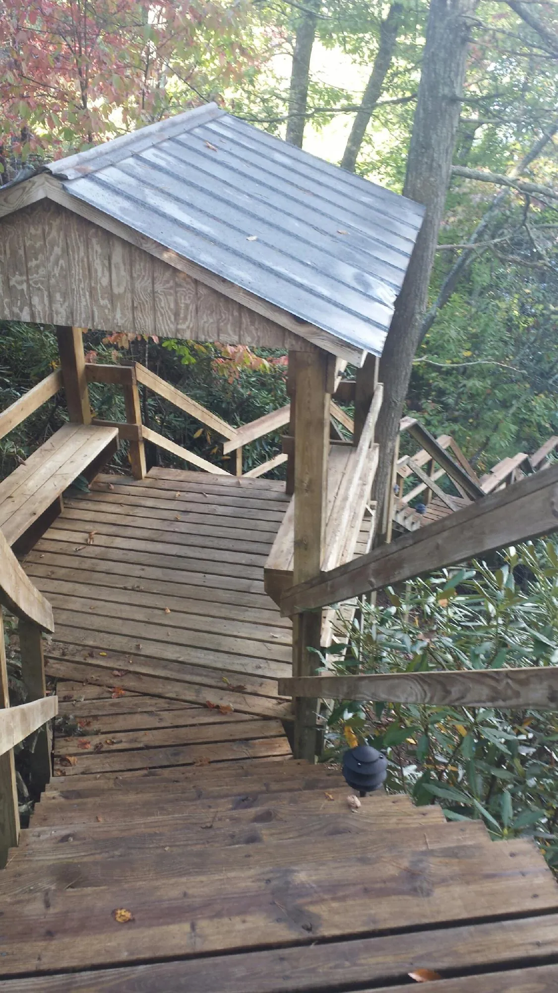 Metal roofed shelter over wooden steps on a wooded walkway — Skylight Repair & Installation work by our crew in Rochelle